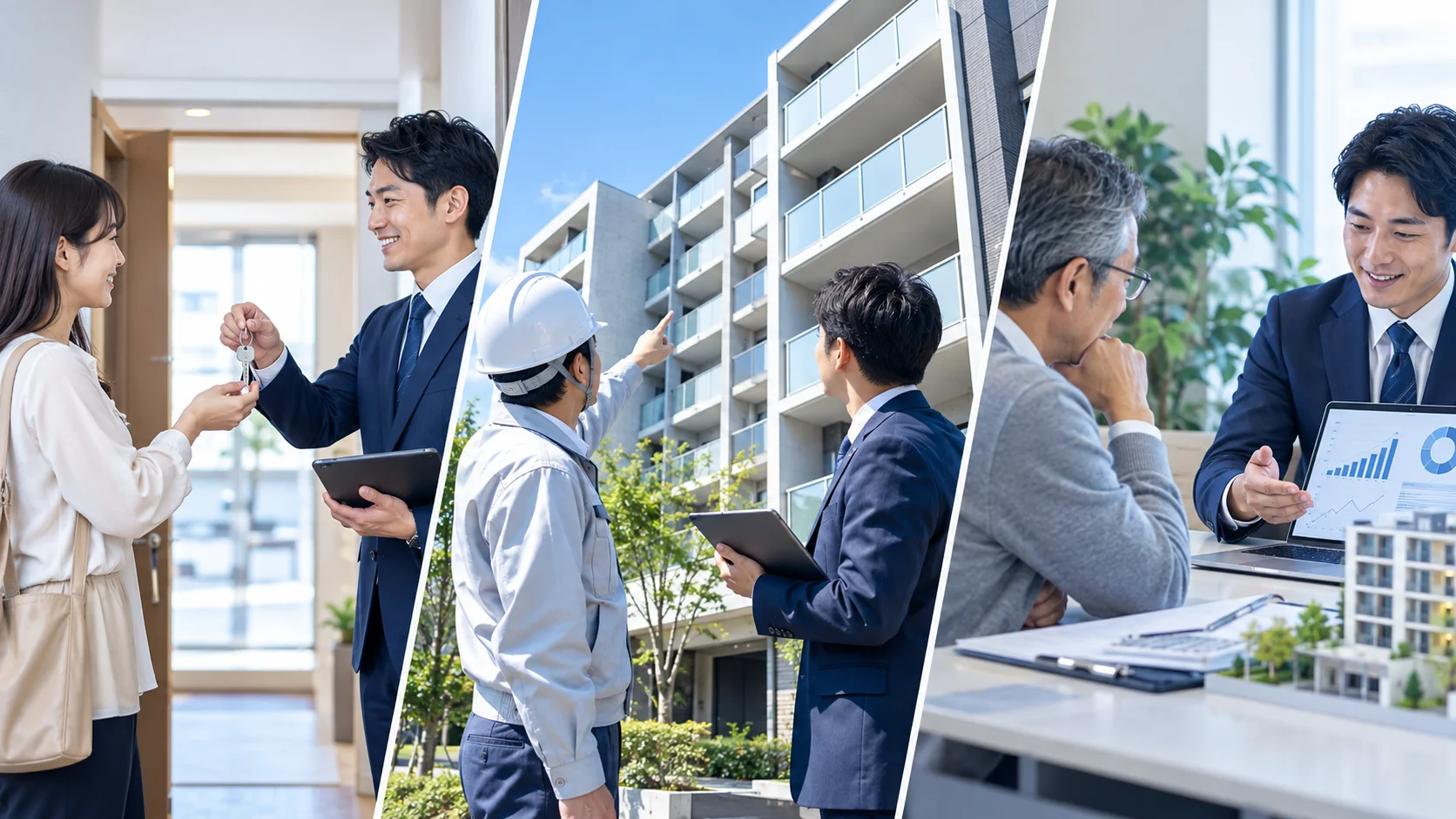 賃貸管理の入居時対応、建物設備の点検、オーナーへの報告を表す3つの場面