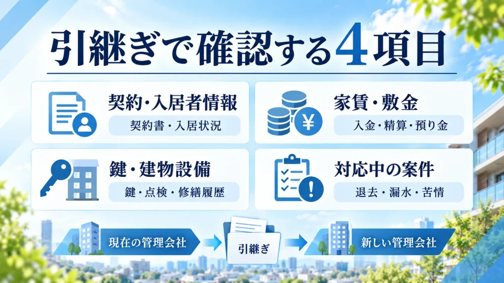 管理会社変更の引継ぎ4項目。契約と入居者情報、家賃と敷金、鍵と建物設備、退去や漏水など対応中の案件