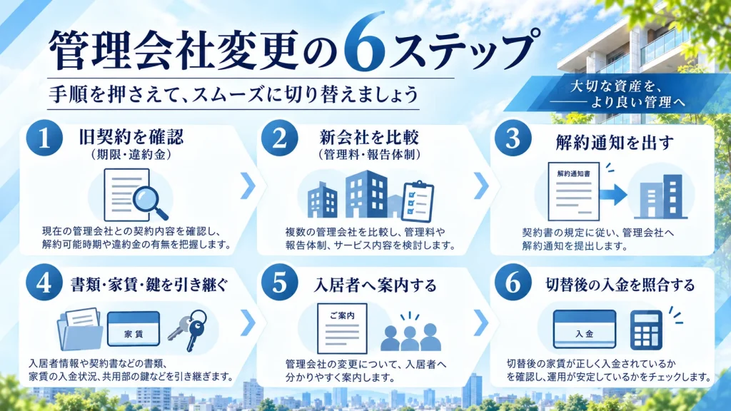 管理会社変更の6つの手順。契約書確認、管理会社比較、解約通知、資料と鍵の引継ぎ、入居者への案内、家賃入金の照合を示す図