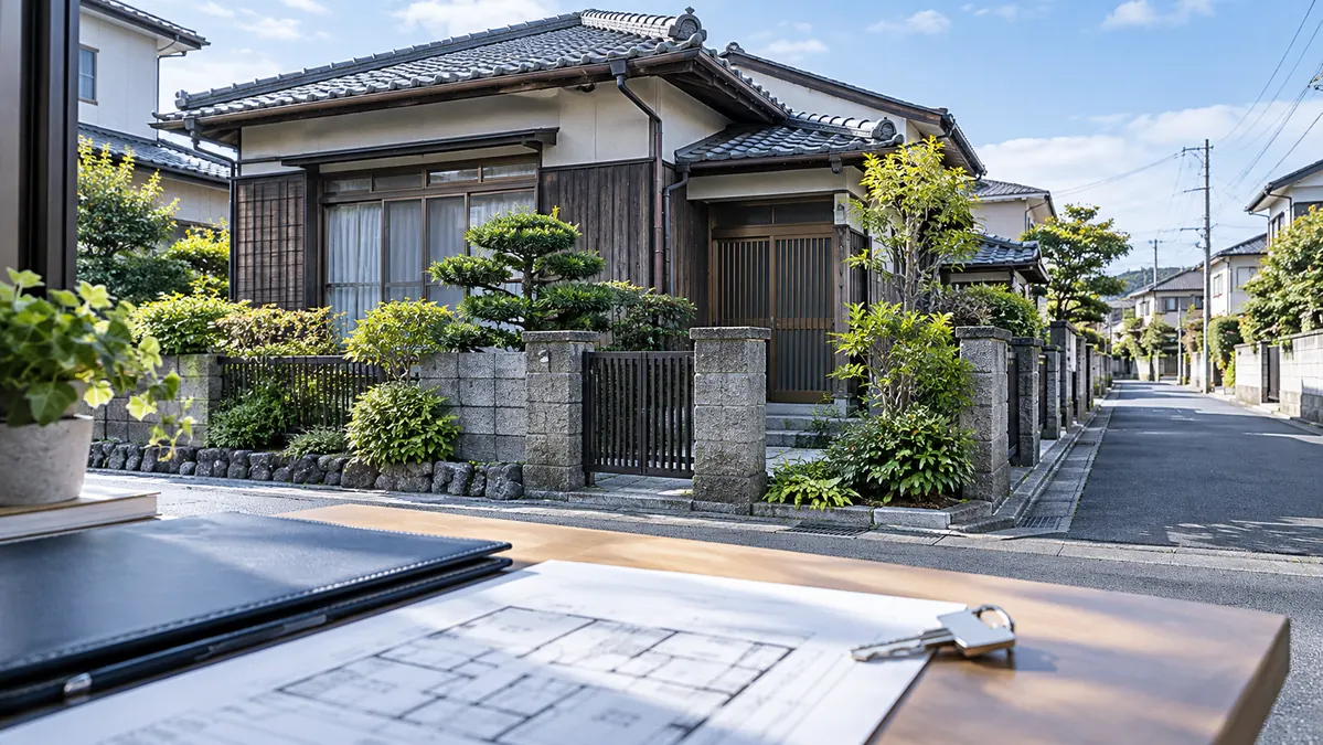 築年数の経った日本の空き家と売却査定に使う図面・鍵のイメージ