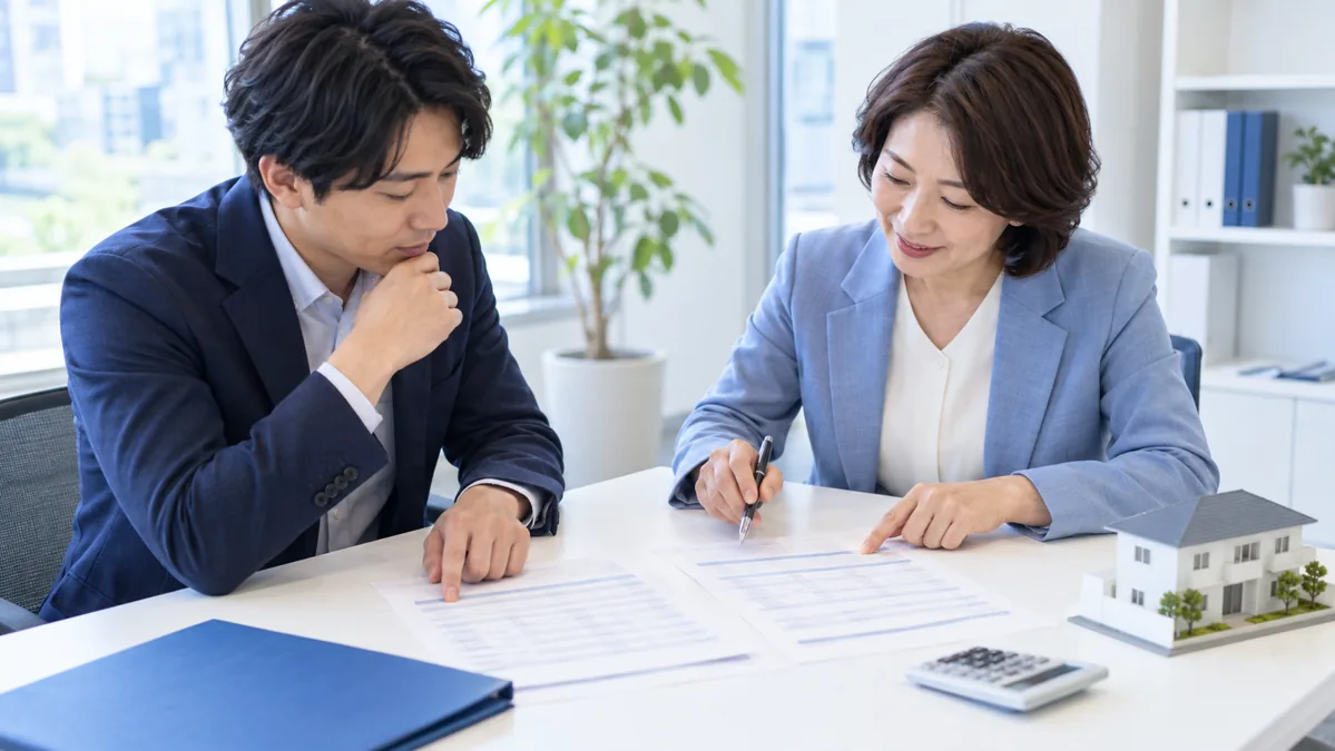 宅建士の資格手当と給与条件の書類を確認する二人のイメージ