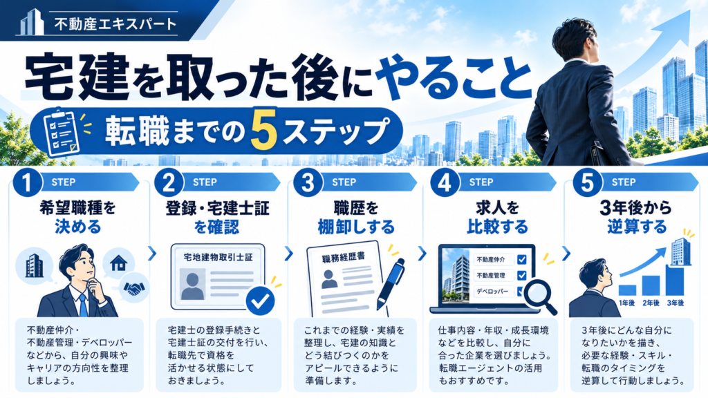 宅建を取った後にやることを希望職種、登録、職歴整理、求人比較、3年後から逆算の5ステップで示した図