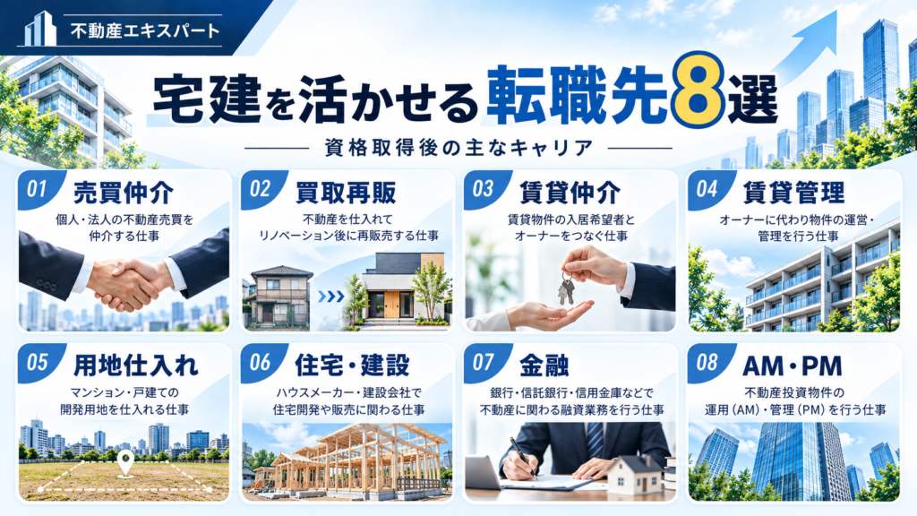 宅建を活かせる転職先8選を売買仲介、買取再販、賃貸仲介、賃貸管理、用地仕入れ、住宅建設、金融、AM・PMに分けて紹介する図