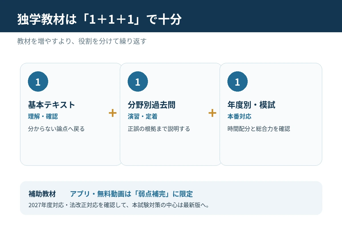 宅建の独学教材を基本テキスト・分野別過去問・年度別問題または模試の3つに整理した2027年向け図解